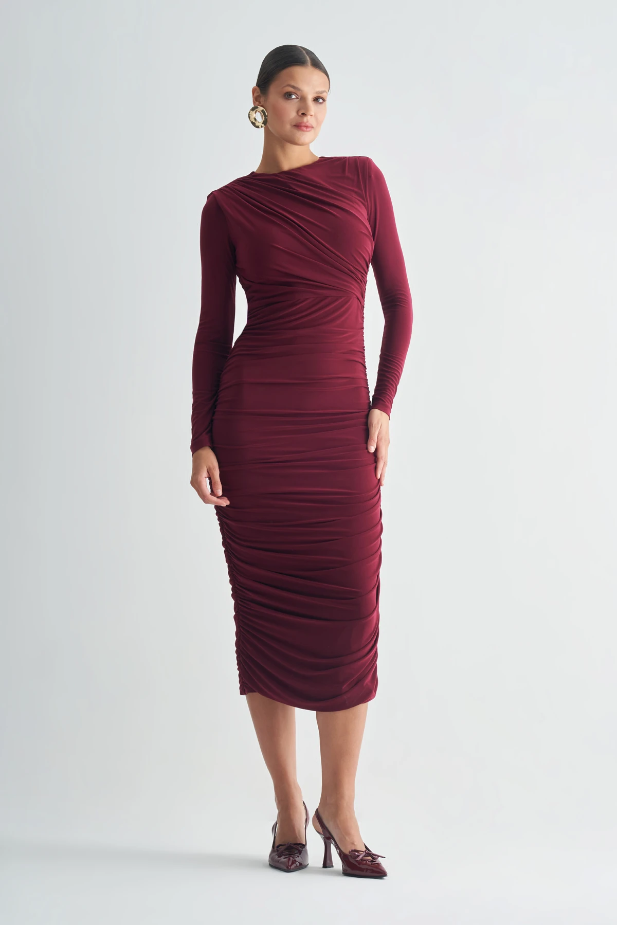 Drapeli Uzun Kollu Midi Kadın Elbise