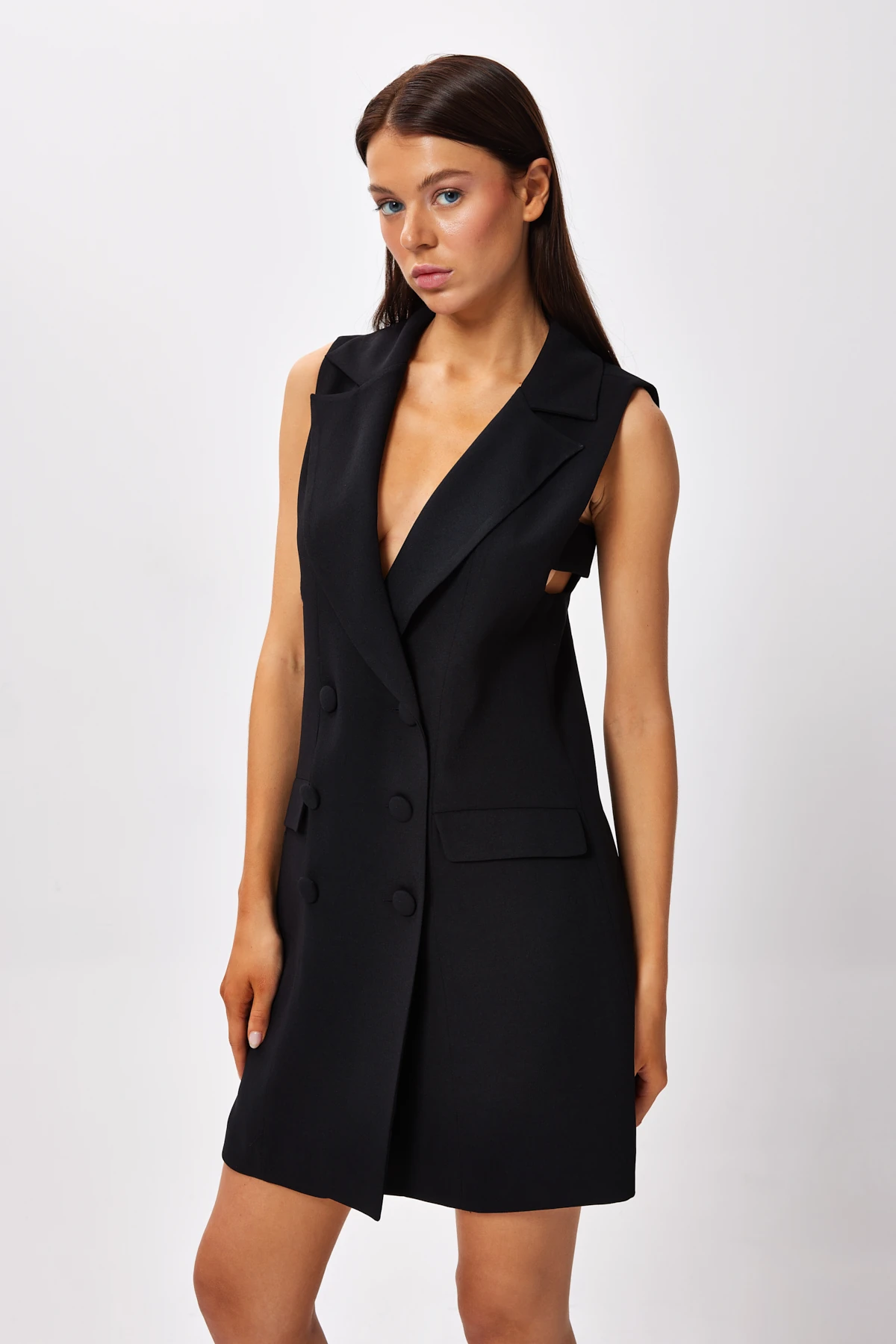 Sıfır Kol Önü Düğmeli Elbise - Siyah