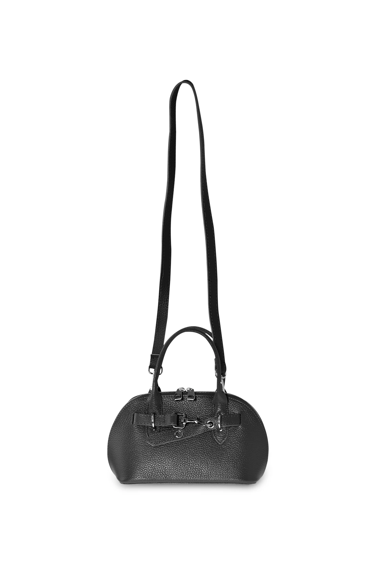 Deri Görünümlü Oval Form Çanta - Siyah