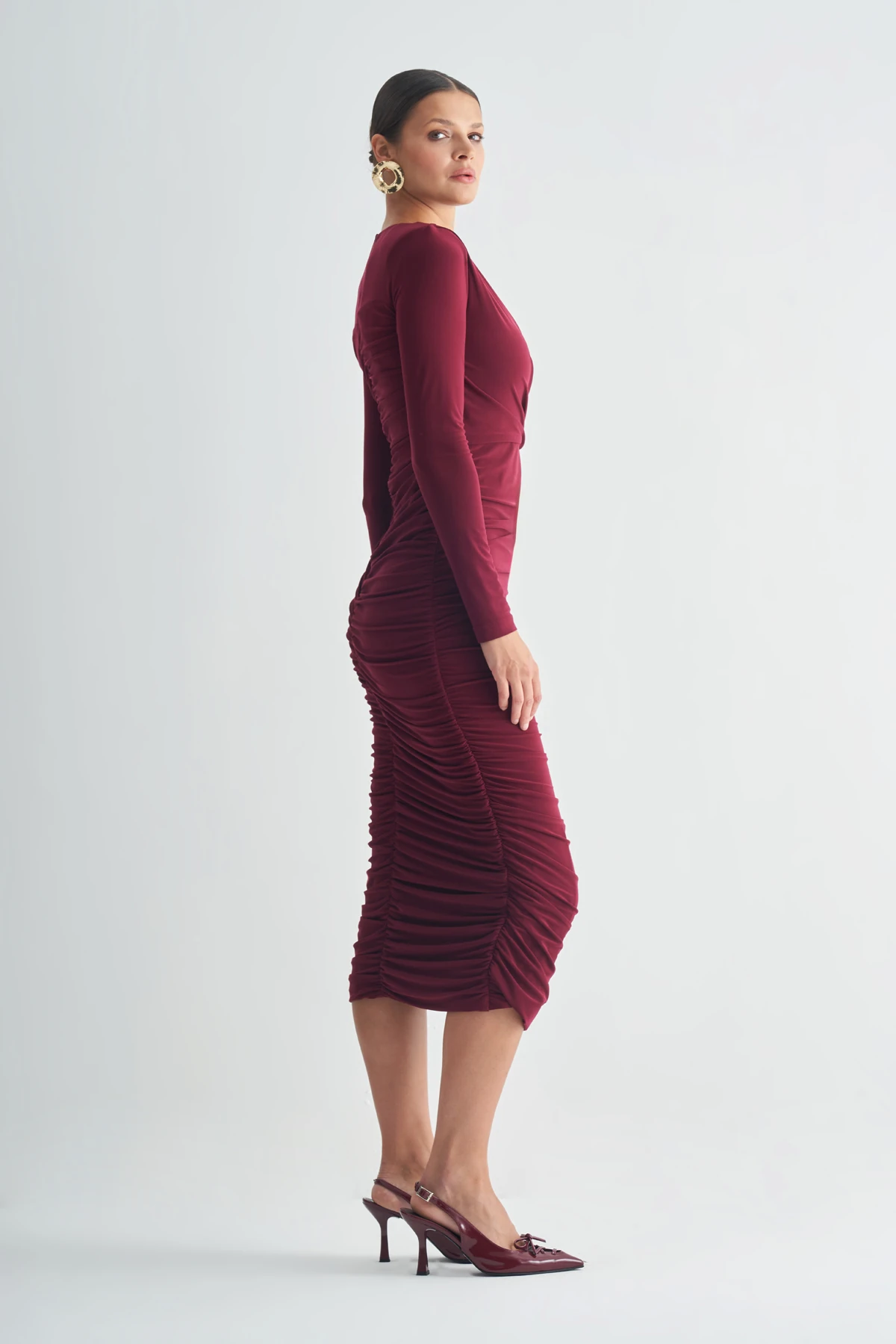 Drapeli Uzun Kollu Midi Kadın Elbise