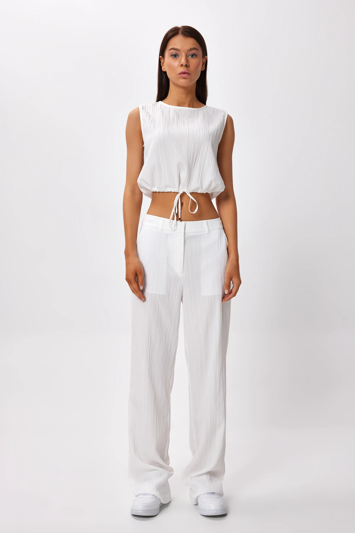 Düz Kesim Pliseli Dokulu Pantolon - ekru