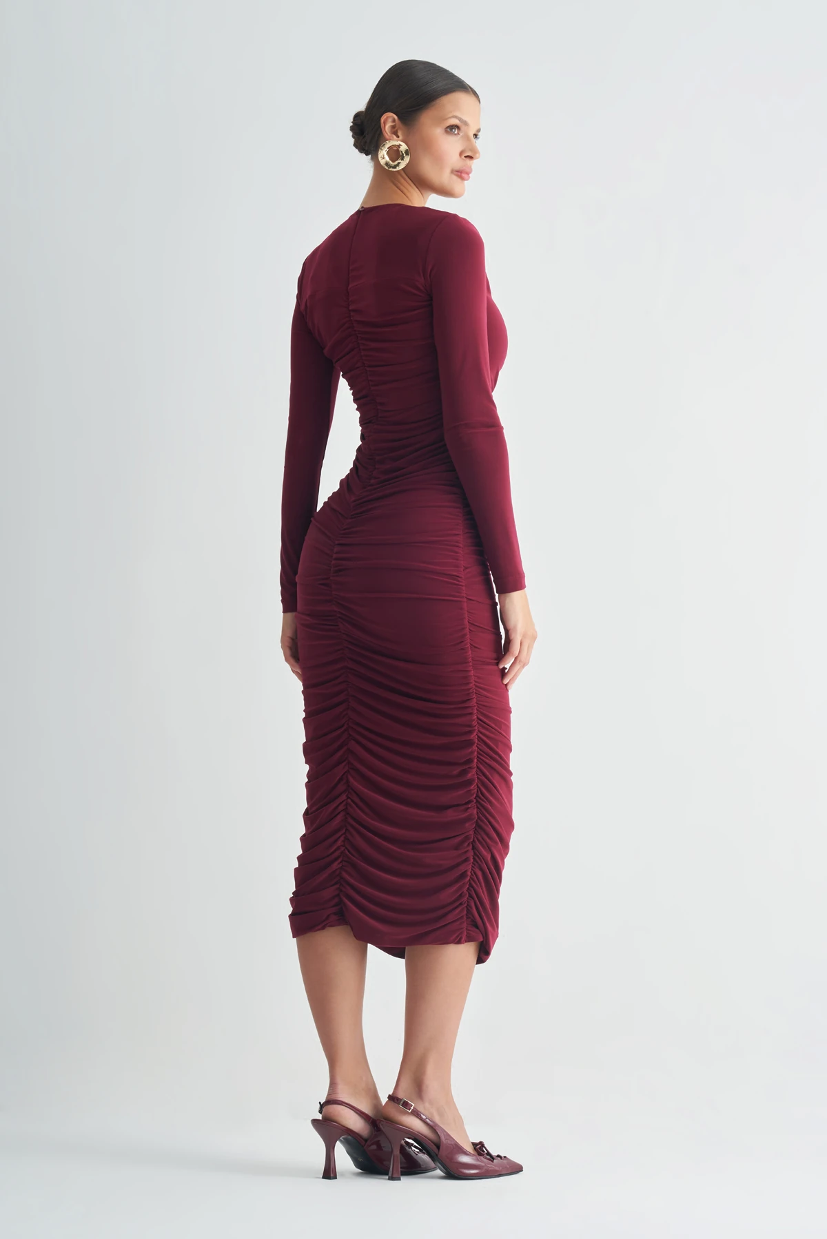 Drapeli Uzun Kollu Midi Kadın Elbise