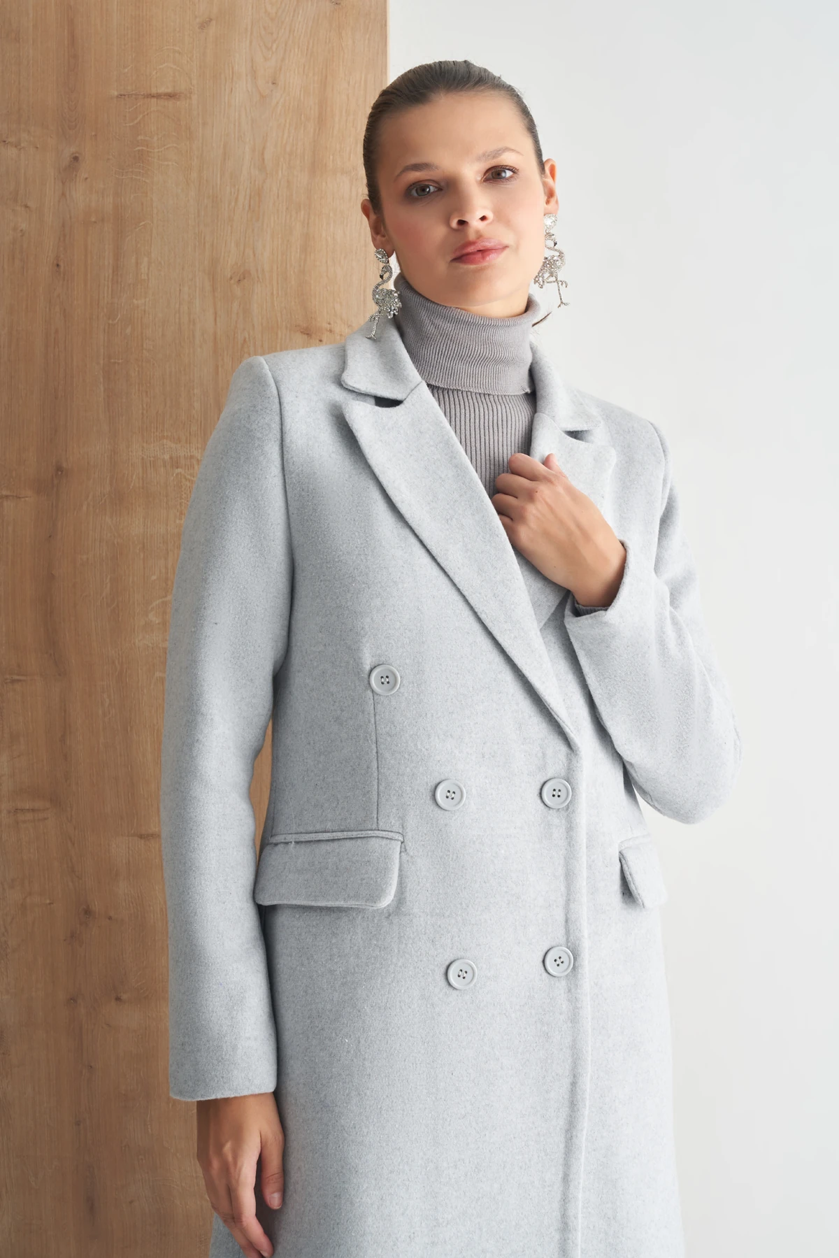 Çift Düğmeli Uzun Klasik Kaban - gri