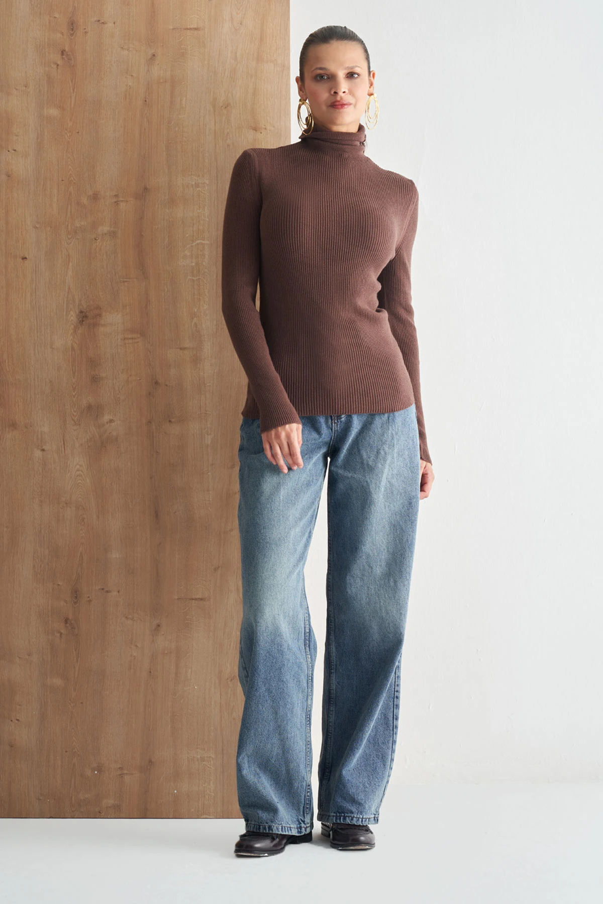 Tam Balıkçı Yaka Fitilli Triko Kazak - kahve