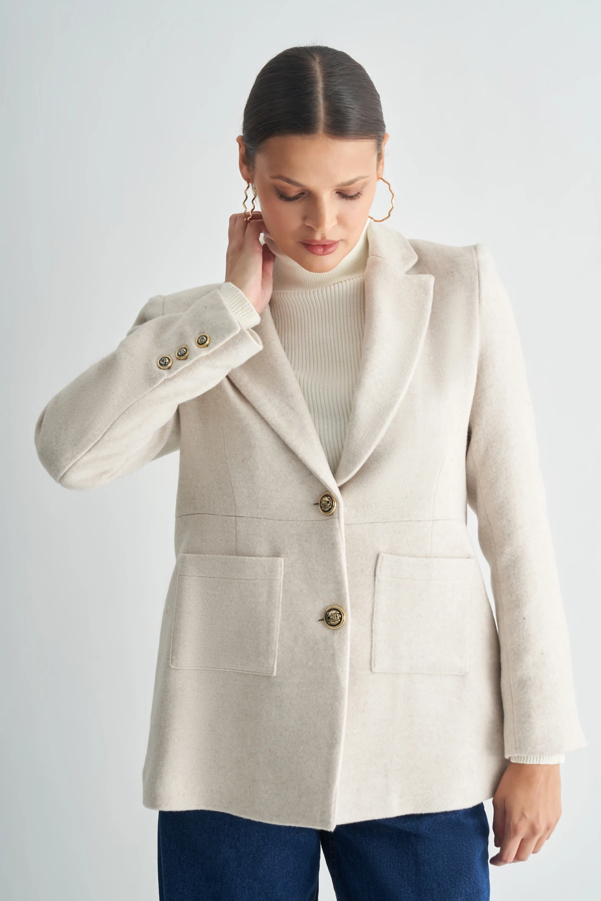 Çift Düğmeli Kaşe Kaban - ekru