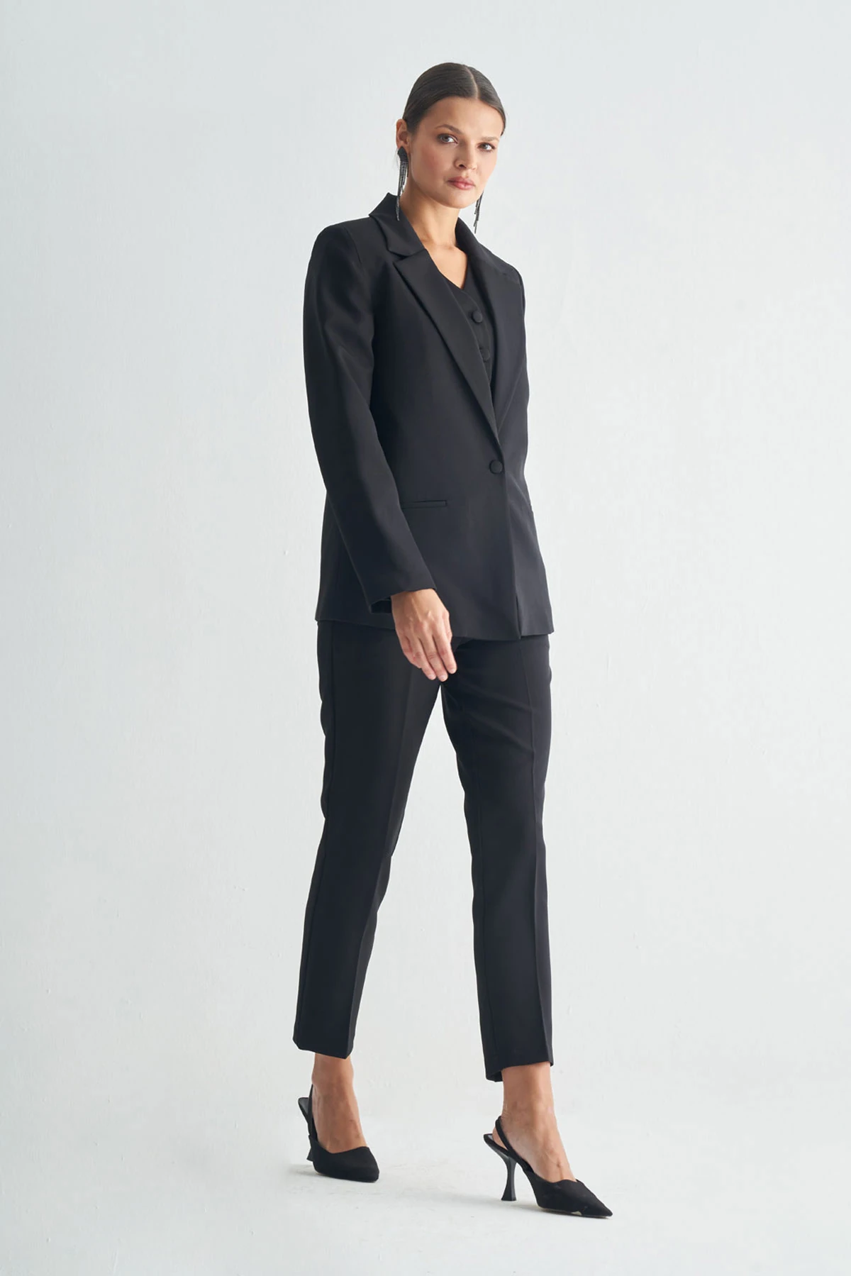 Oversize Blazer Ceket ve Yelekli Takım - Siyah