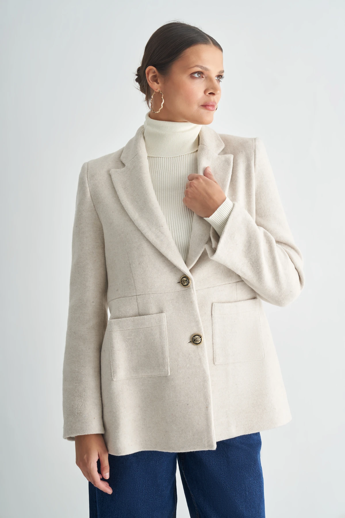 Çift Düğmeli Kaşe Kaban - ekru