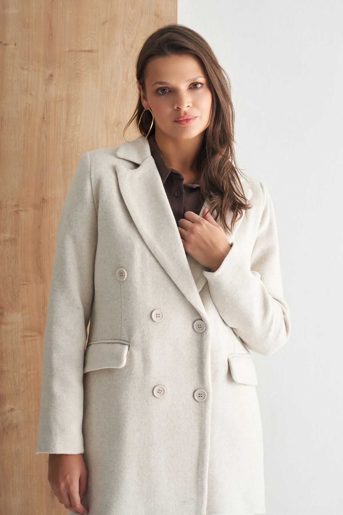 Çift Düğmeli Uzun Klasik Kaban - ekru