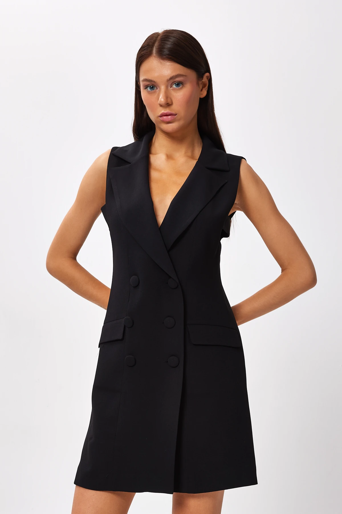 Sıfır Kol Önü Düğmeli Elbise - Siyah