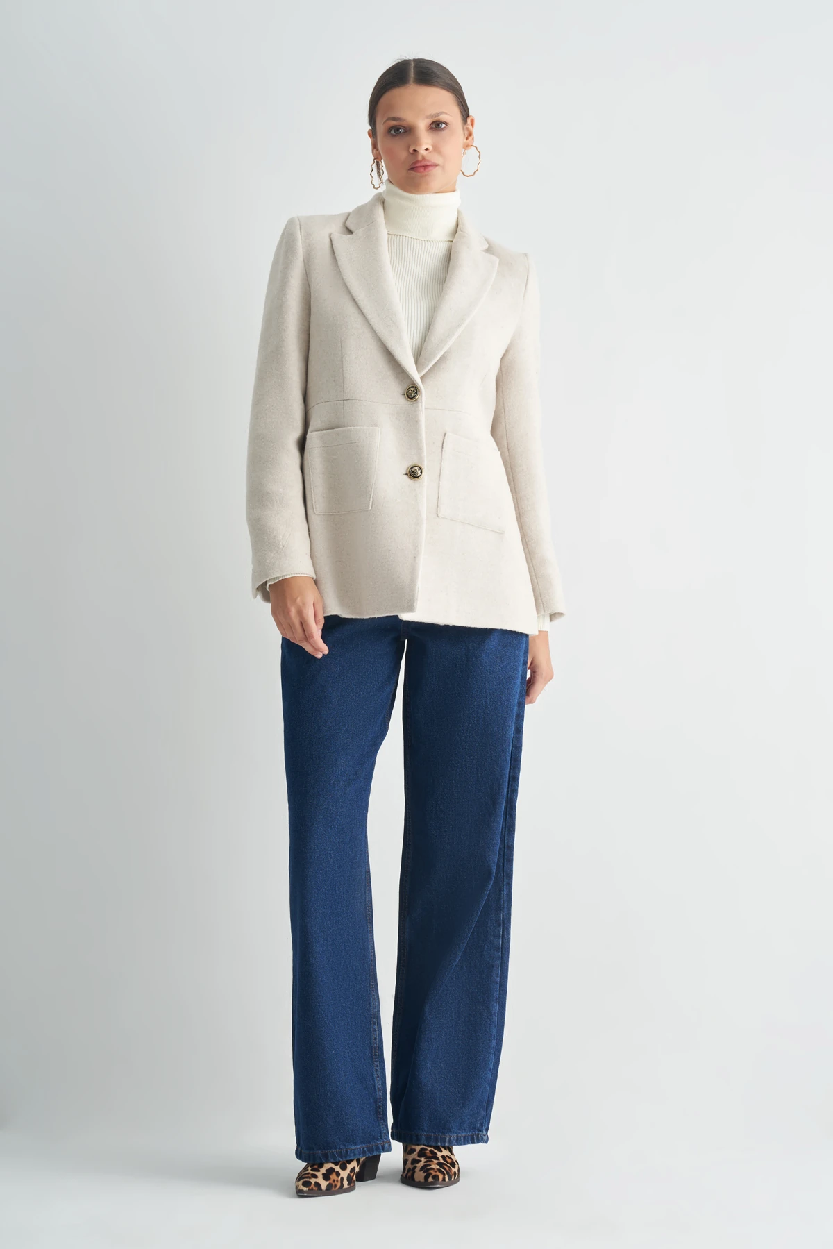 Çift Düğmeli Kaşe Kaban - ekru