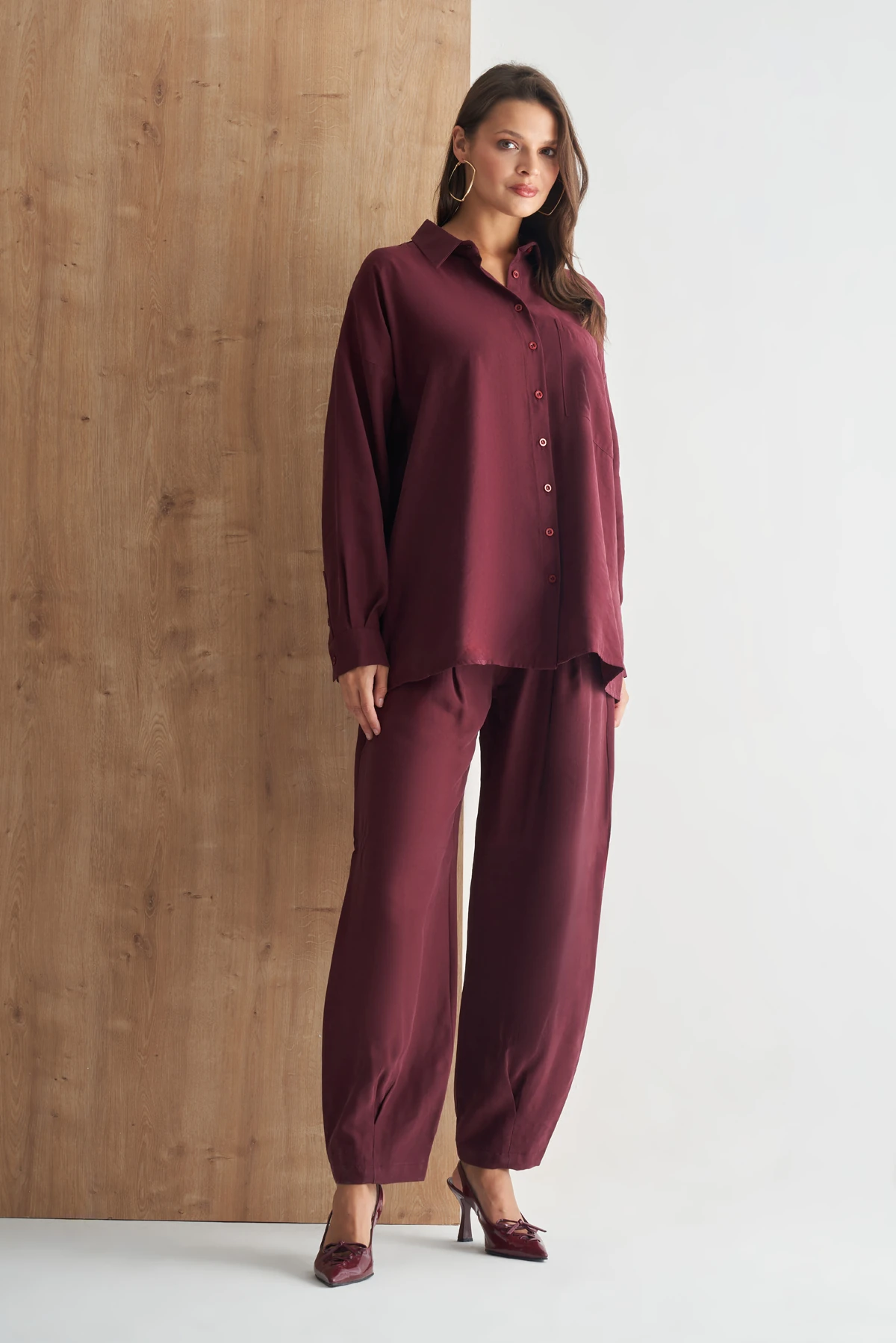 Oversize Kesim Modal Yumuşak Dokulu Kadın Gömlek - bordo