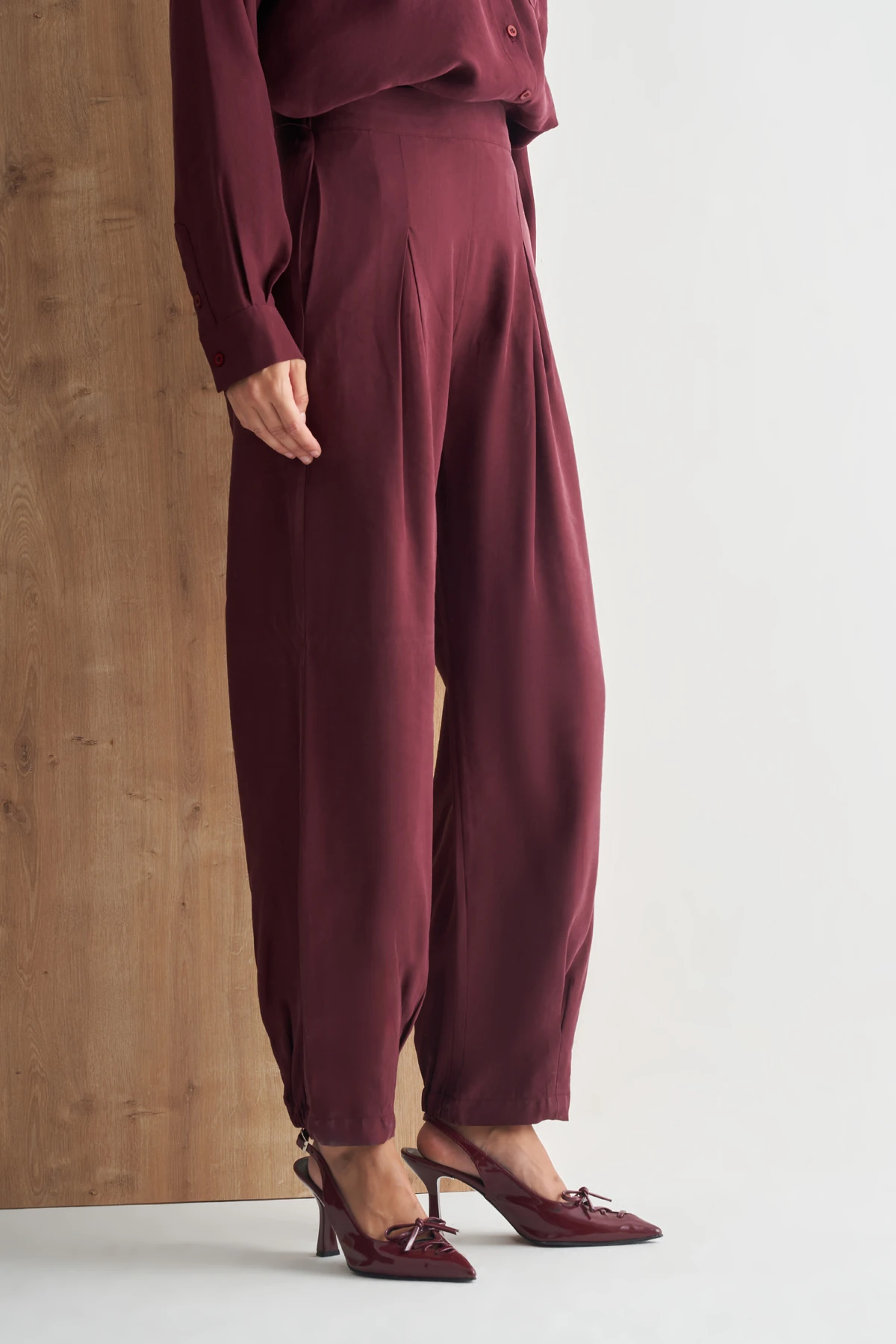Pile Detaylı Yüksek Bel Rahat Kesim Kadın Pantolon - bordo