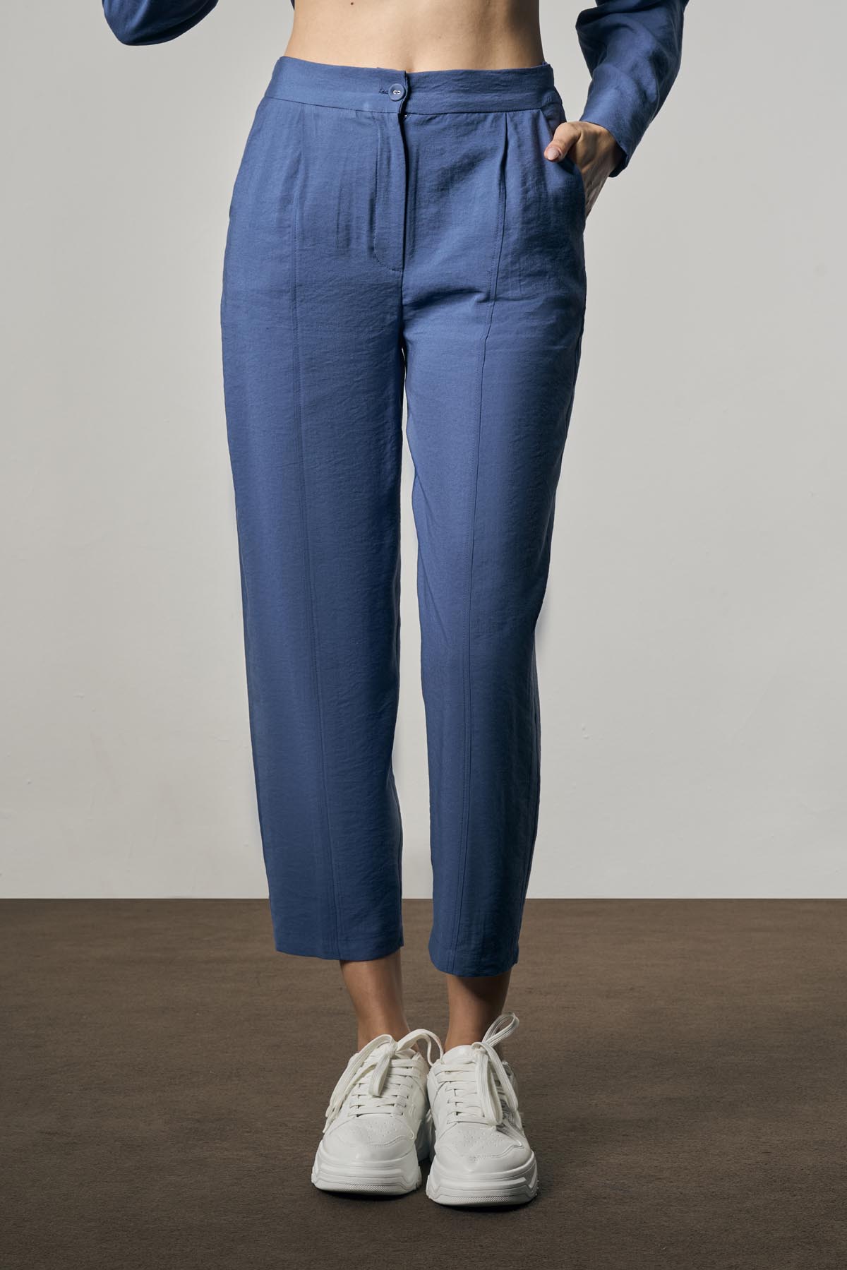 BTK10115 Düğme Detaylı Bol Paça Pantolon - Koyu İndigo