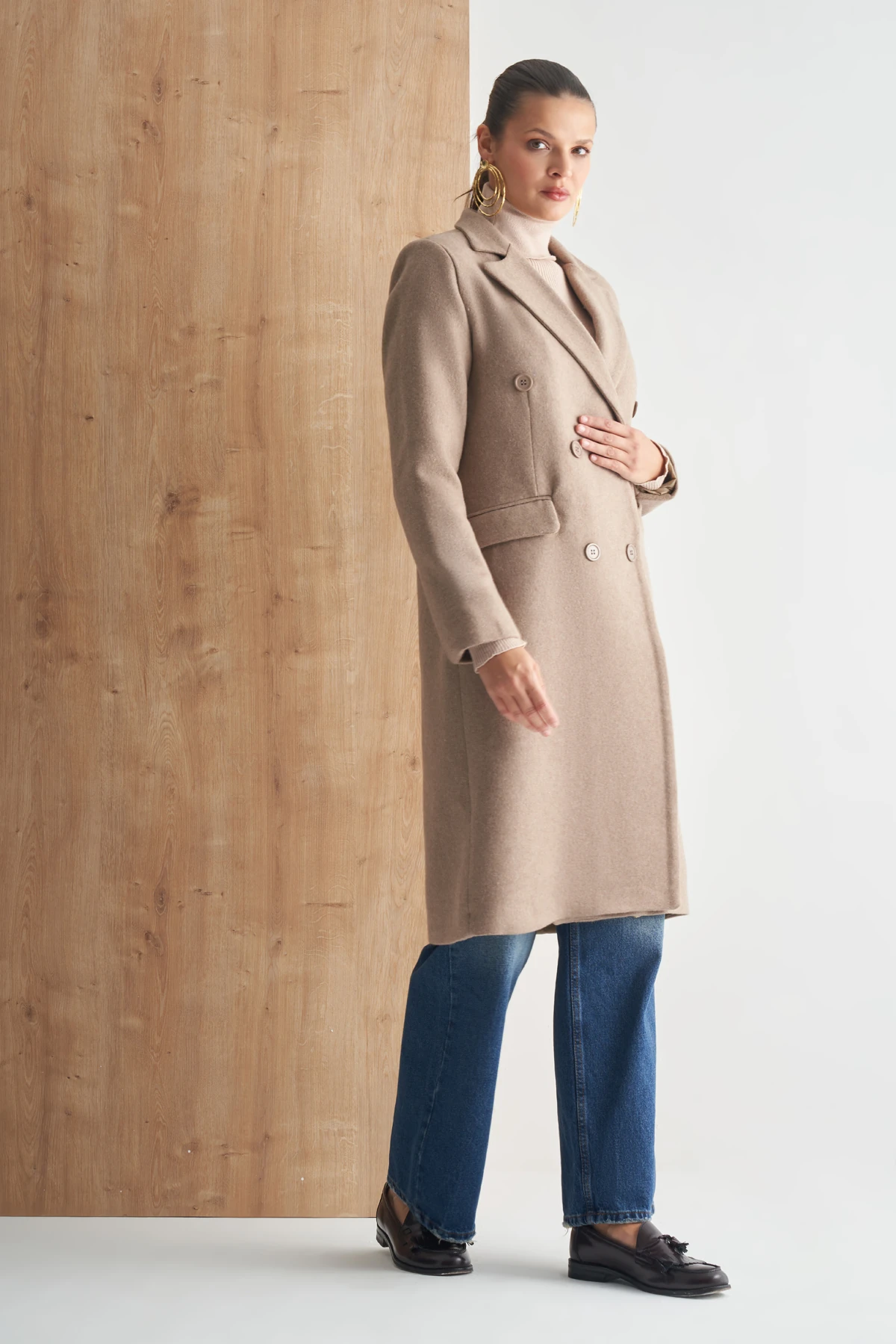 Çift Düğmeli Uzun Klasik Kaban - VİZON