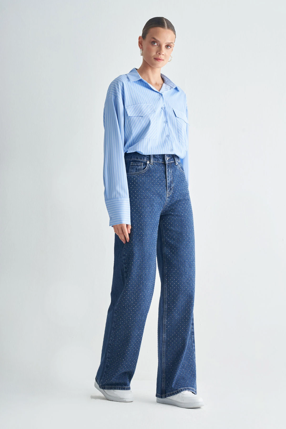 Yüksek Bel Taş Detaylı Wide Leg Jeans Pantolon - mavi