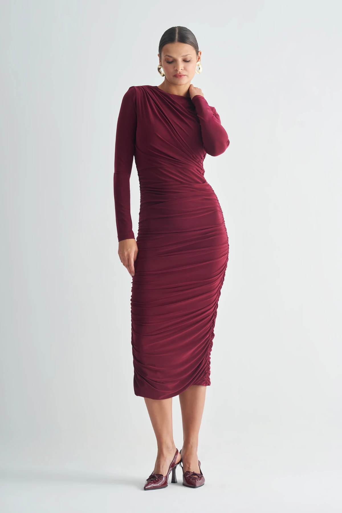 Drapeli Uzun Kollu Midi Kadın Elbise