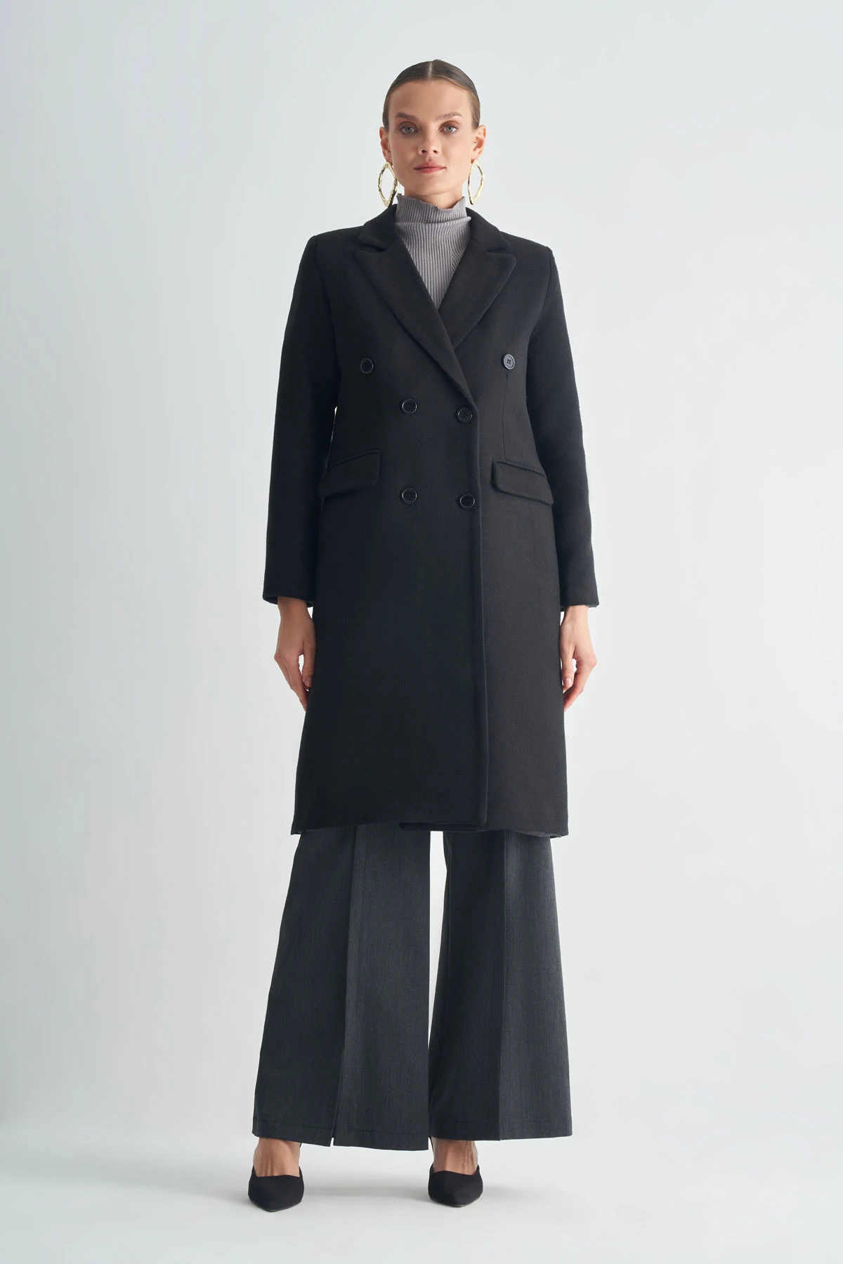 Çift Düğmeli Uzun Klasik Kaban - Siyah