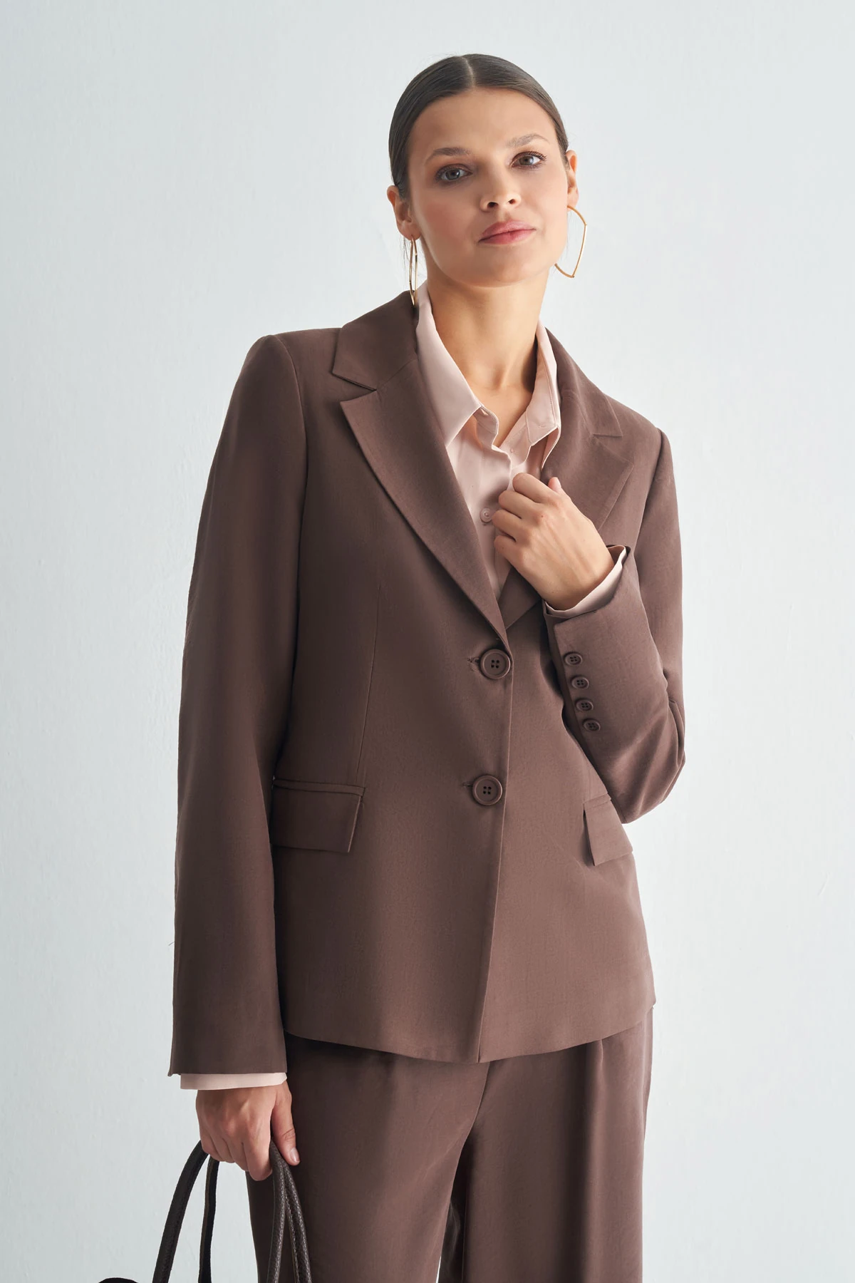 Klasik Kesim Tek Düğmeli Blazer Ceket - Acı Kahve