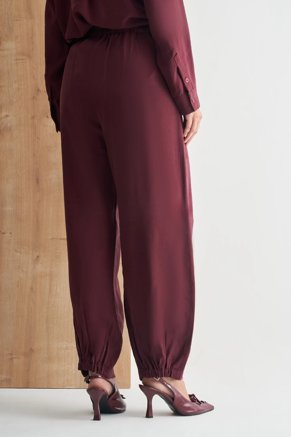 Pile Detaylı Yüksek Bel Rahat Kesim Kadın Pantolon - bordo
