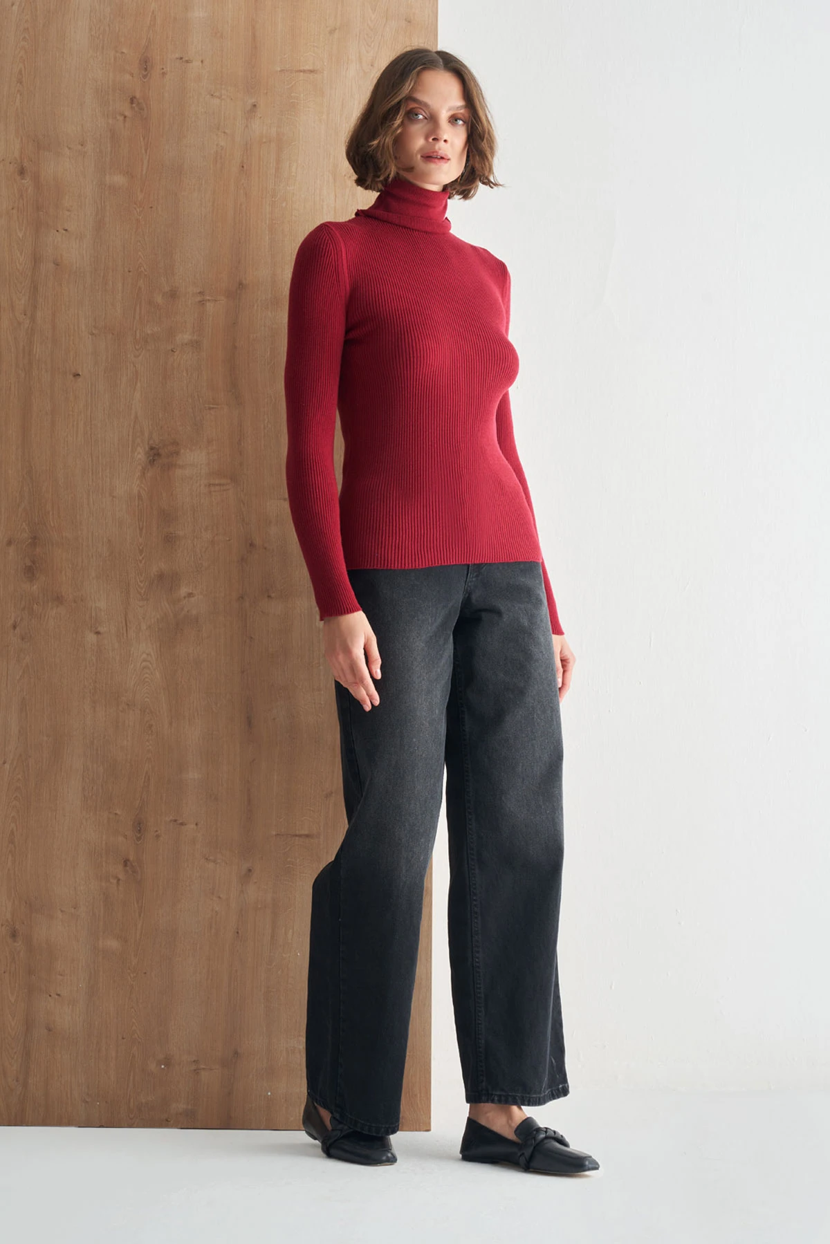 Tam Balıkçı Yaka Fitilli Triko Kazak - bordo