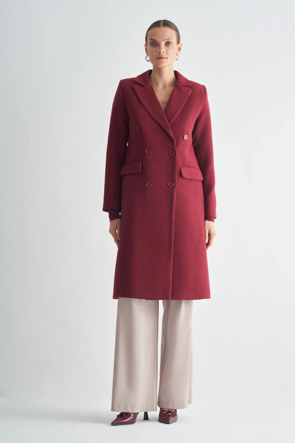 Çift Düğmeli Uzun Klasik Kaban - bordo