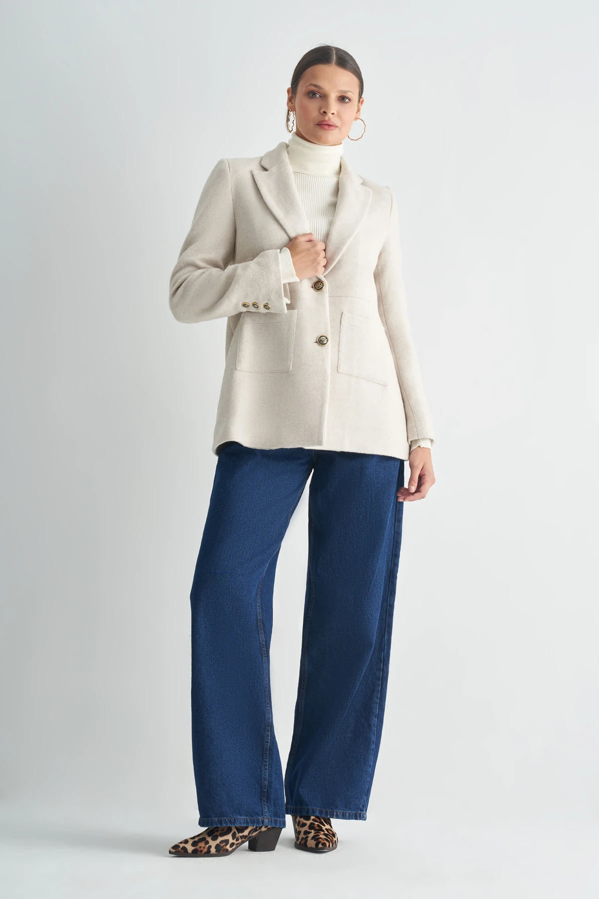 Çift Düğmeli Kaşe Kaban - ekru