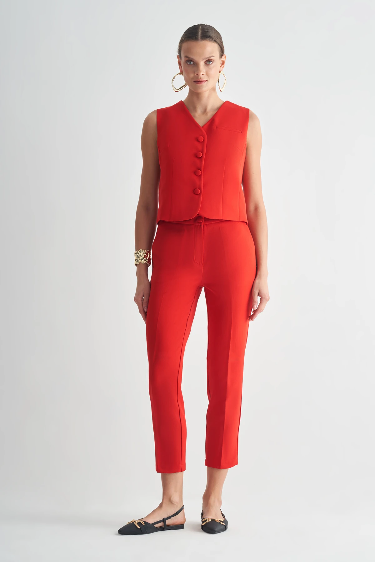 Düğmeli Klasik Yelek – Şık Takım Yeleği - Kırmızı