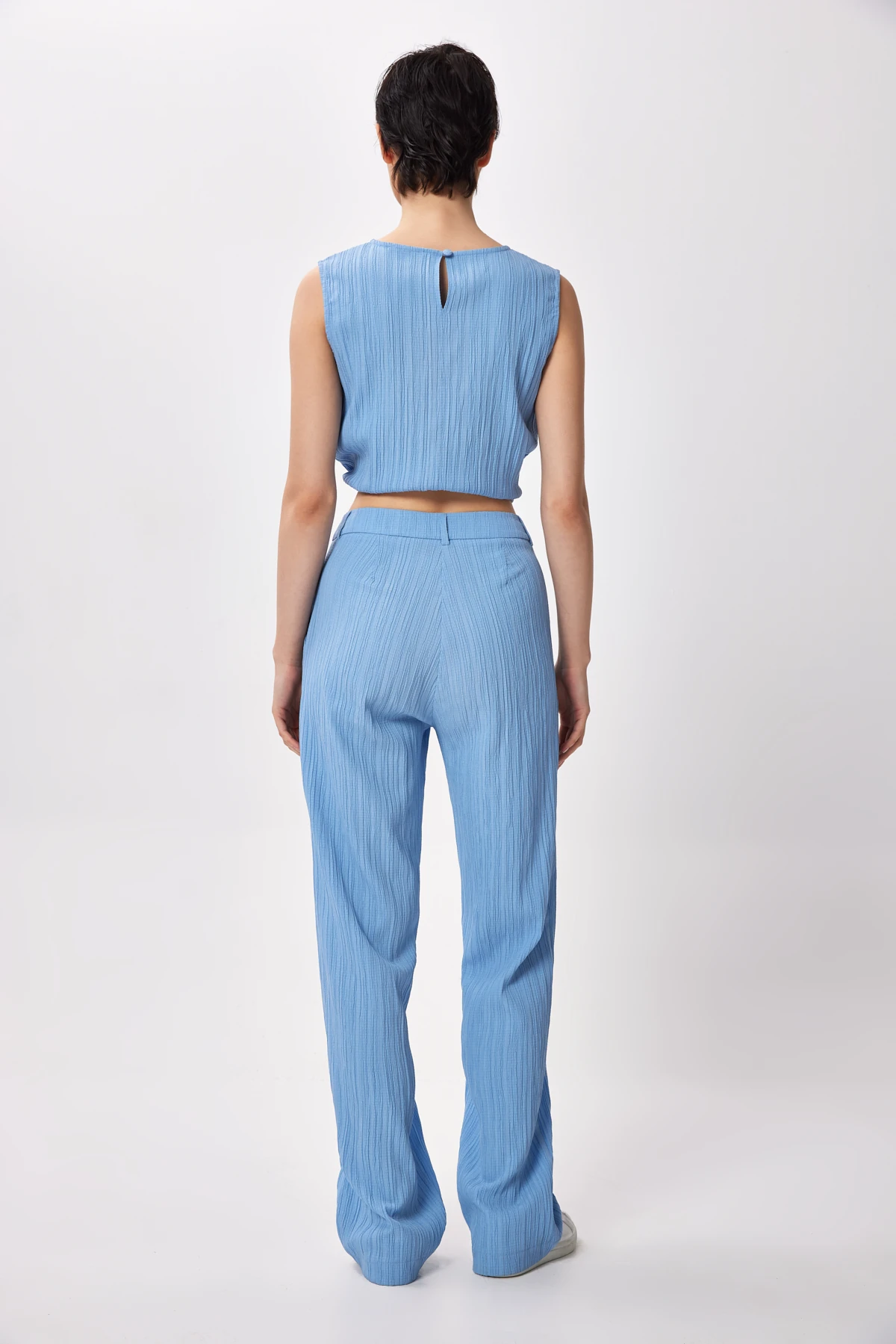 Düz Kesim Pliseli Dokulu Pantolon - mavi