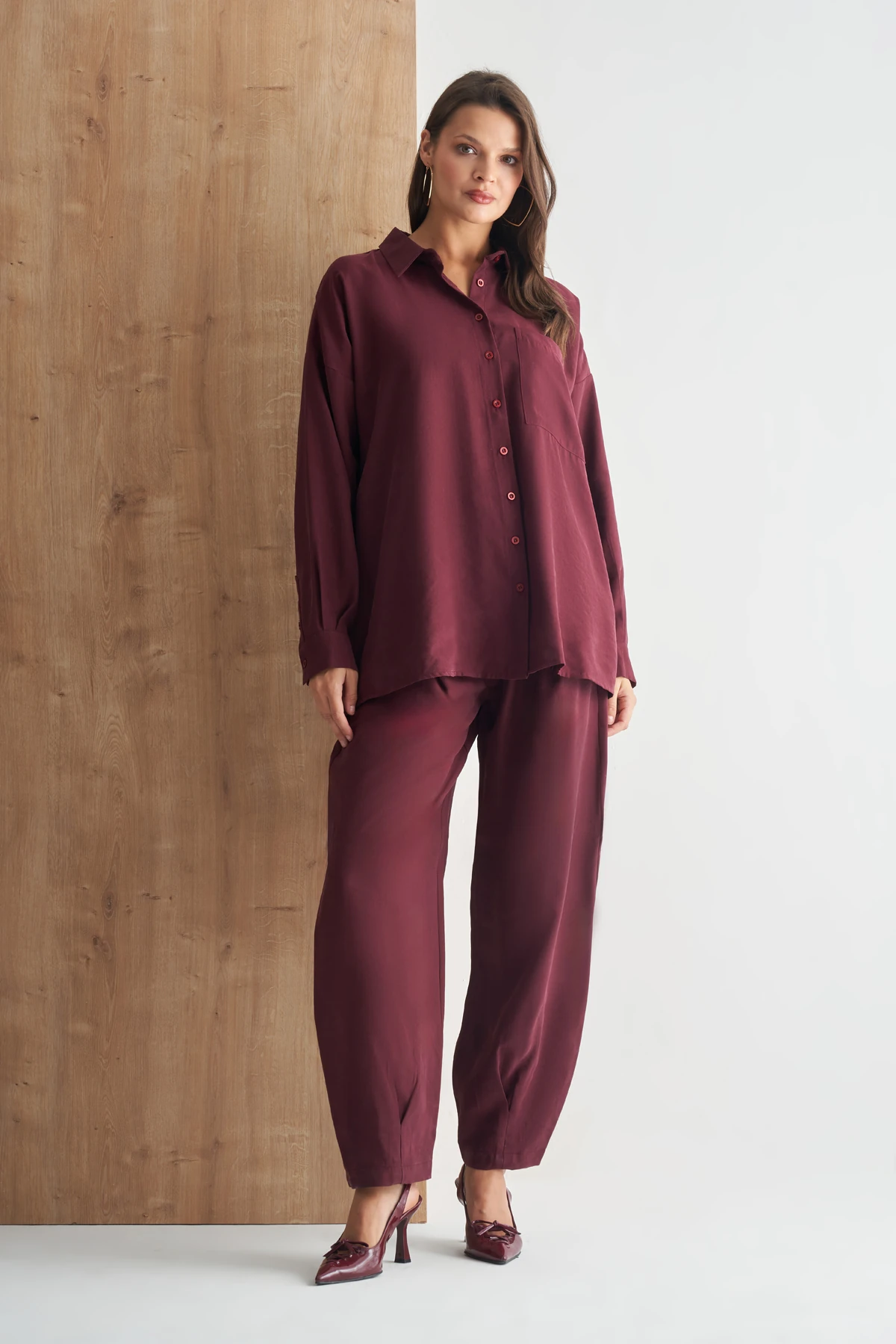 Oversize Kesim Modal Yumuşak Dokulu Kadın Gömlek - bordo