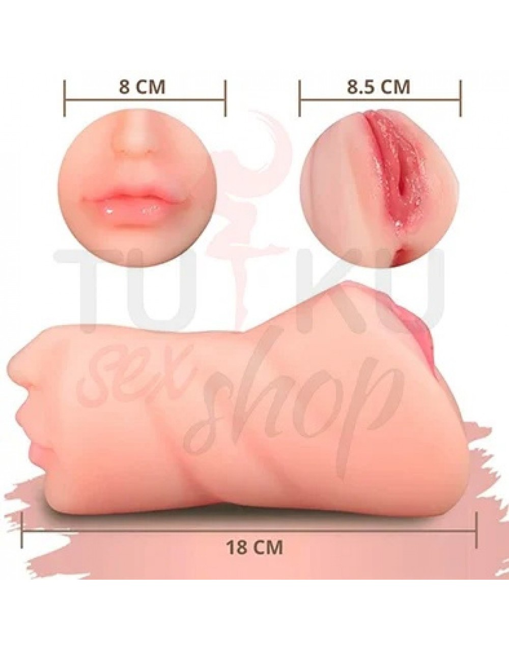 18 cm Çift Girişli Oral, Anal & Vajina Mastürbatör