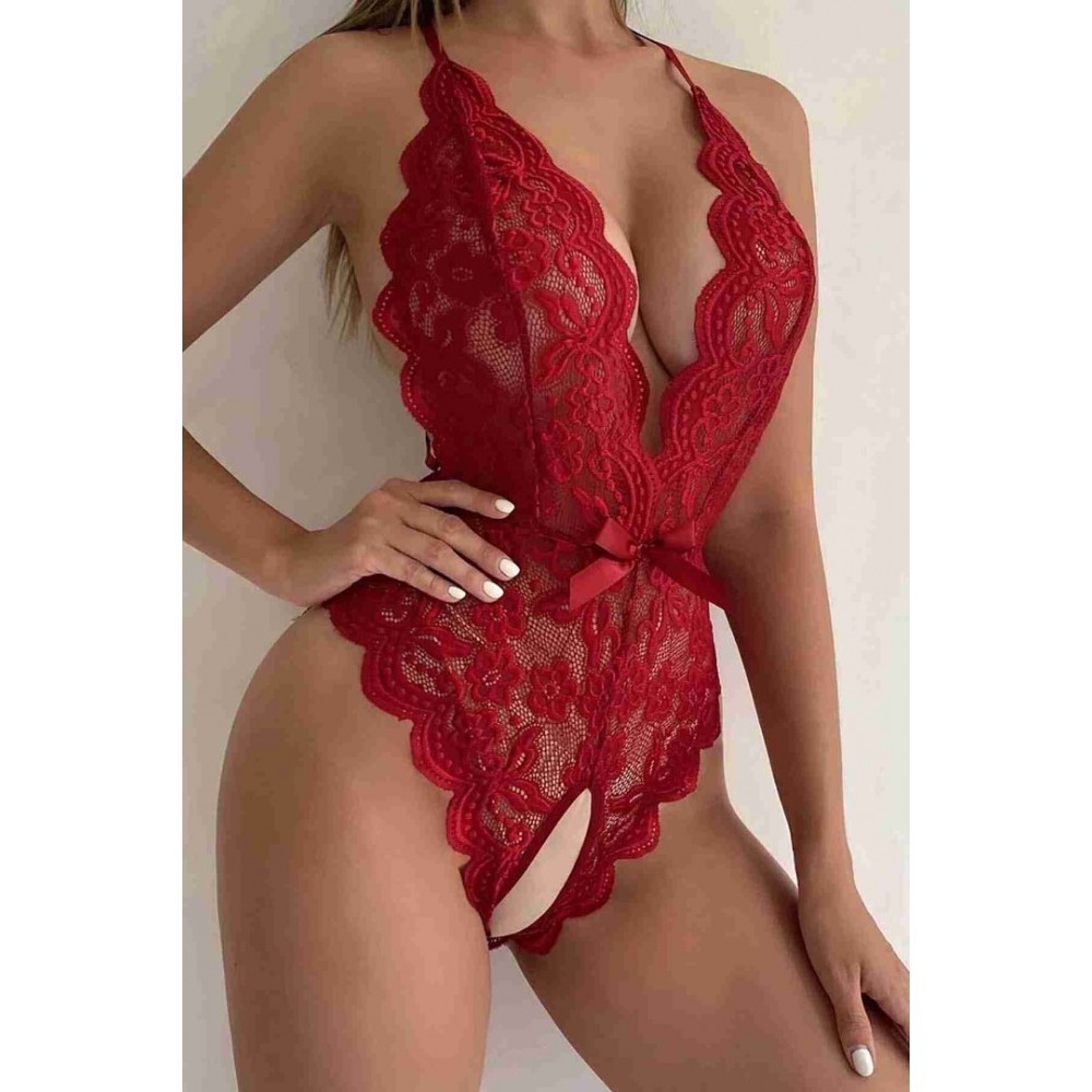 Erotik Kırmızı Dantel Özel Bölgesi Açık Bodysuit