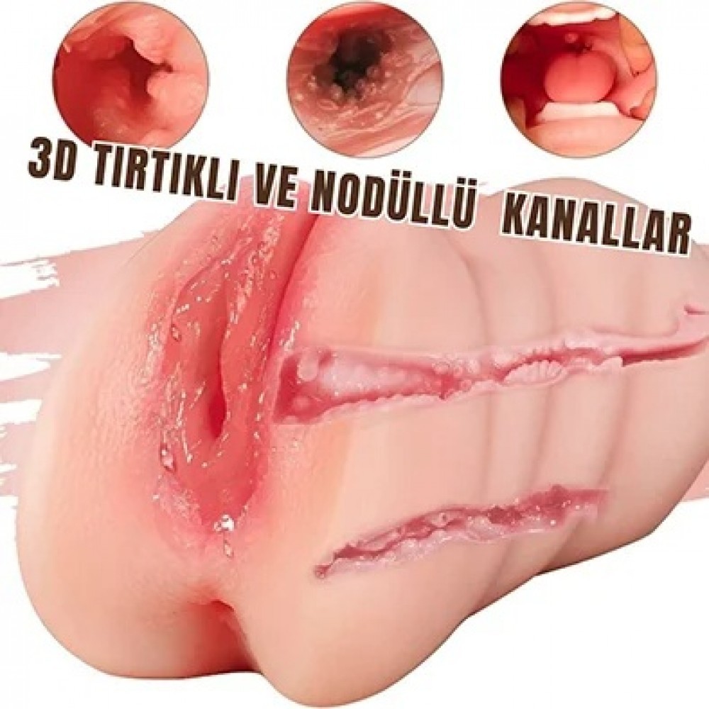 18 cm Çift Girişli Oral, Anal & Vajina Mastürbatör