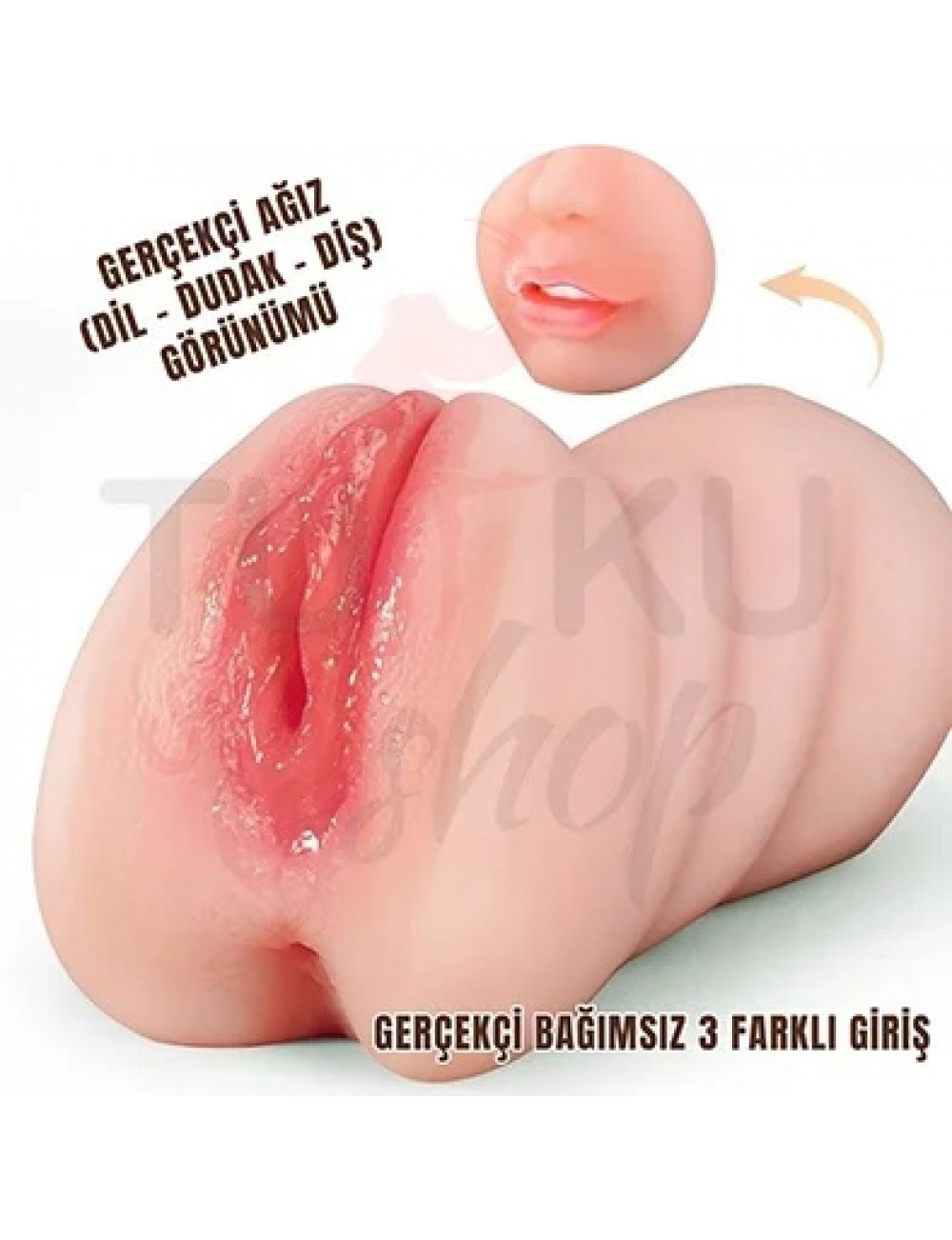 18 cm Çift Girişli Oral, Anal & Vajina Mastürbatör