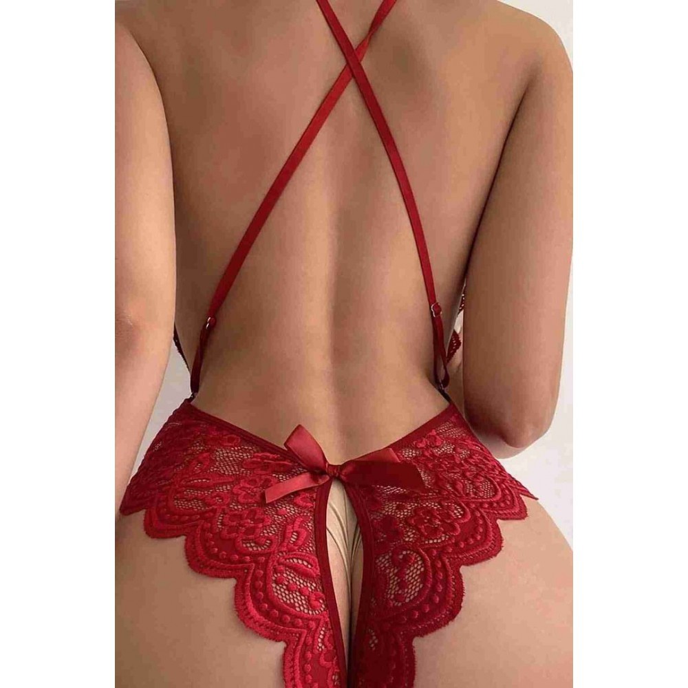 Erotik Kırmızı Dantel Özel Bölgesi Açık Bodysuit
