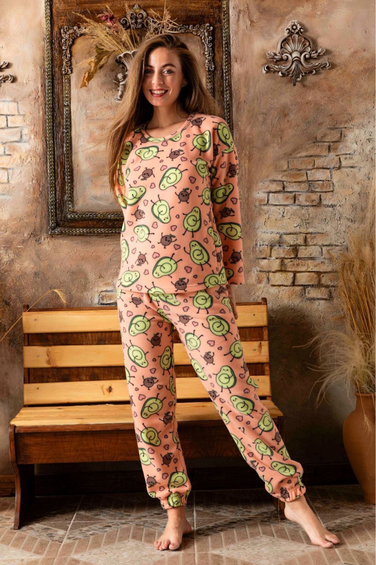 Pembe Love Avokado Peluş Pijama Takımı