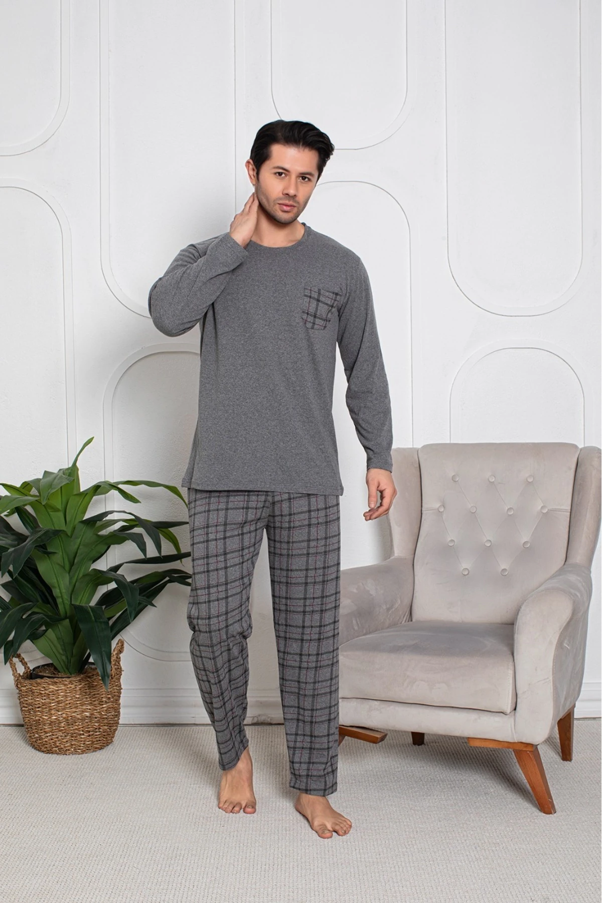 Erkek Gri Üst Cepli Pijama Takımı