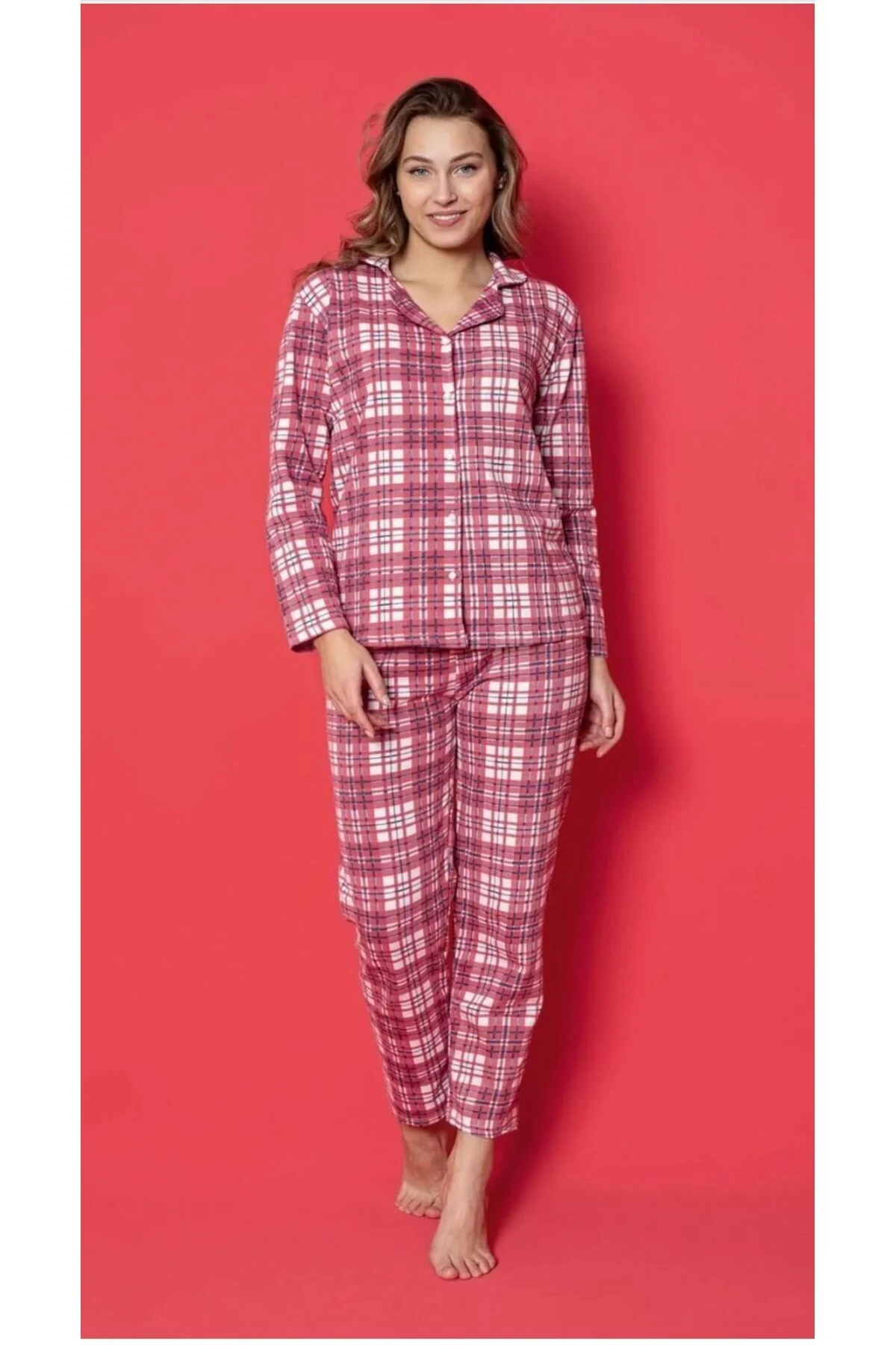 Bayan 2 İplik Kırmızı Beyaz Kareli Genç Pijama Takımı