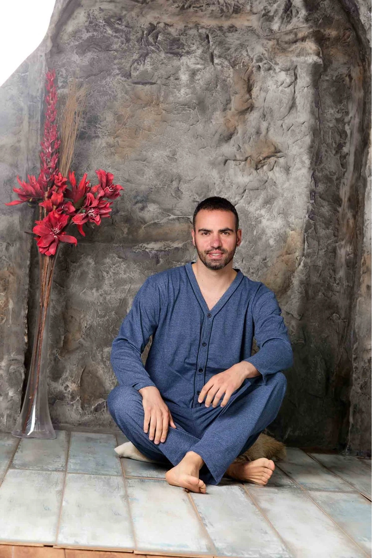 Erkek Petrol Mavisi Uzun Kollu Önden Düğmeli Süprem Kumaş Pijama Takımı