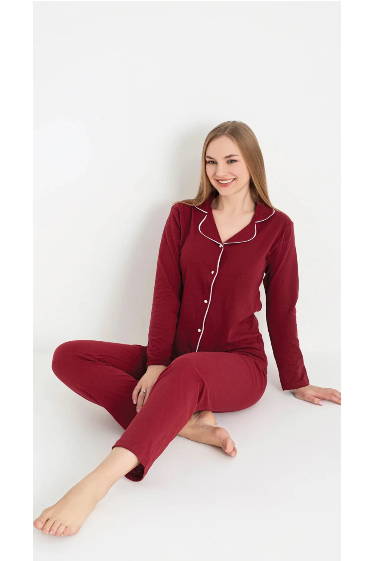  Gömlek Uzun Kol Pijama Takımı Koyu Bordo