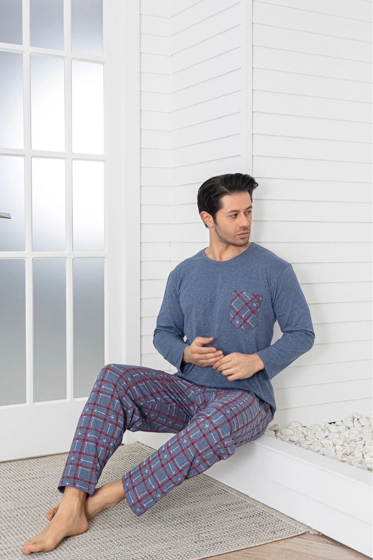  Erkek Alt Kare Üst Cepli Açık Mavi Pijama Takımı