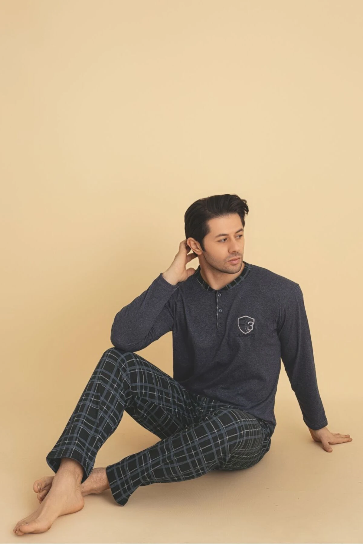 Erkek Alt Kareli Üst Yaka Düğmeli Koyu Gri Pijama Takımı