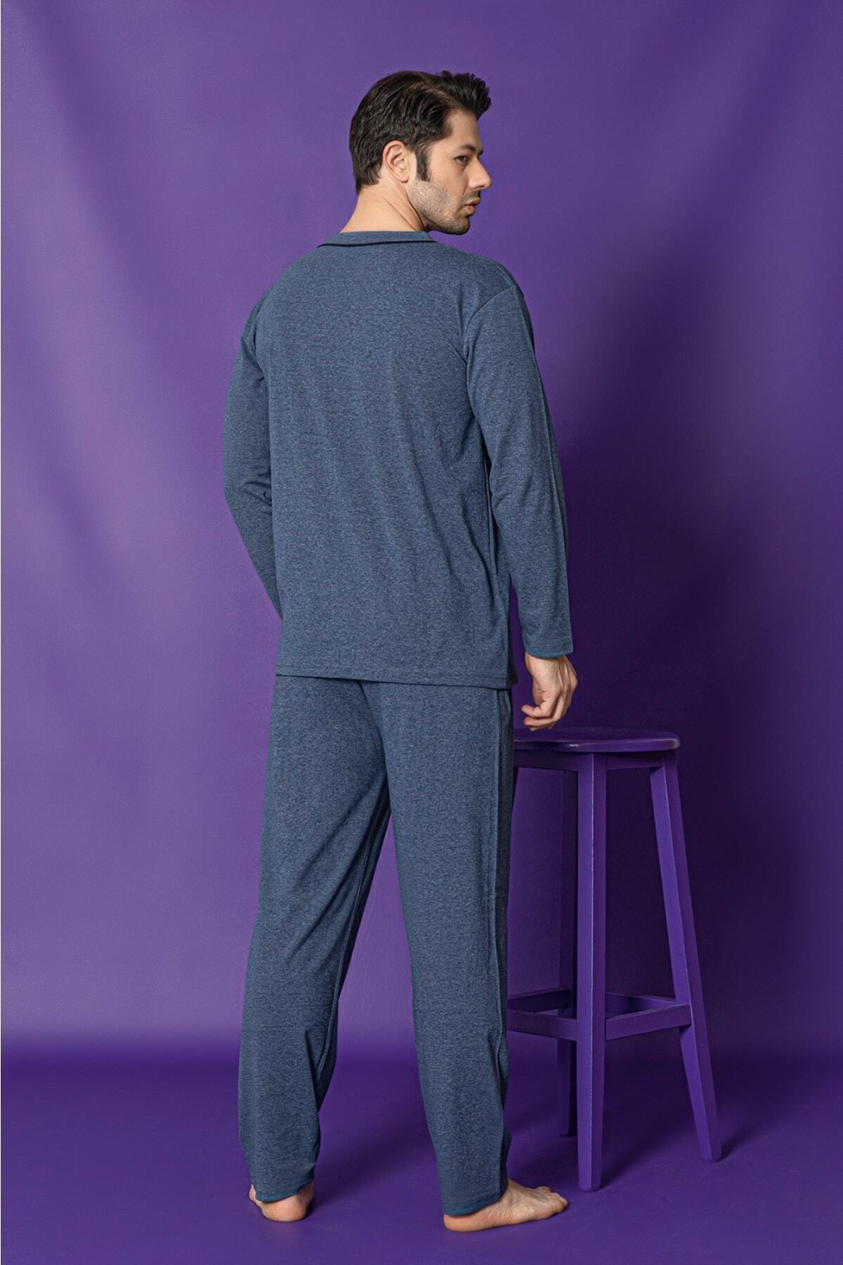 Erkek Petrol Mavisi Uzun Kollu Önden Düğmeli Süprem Kumaş Pijama Takımı