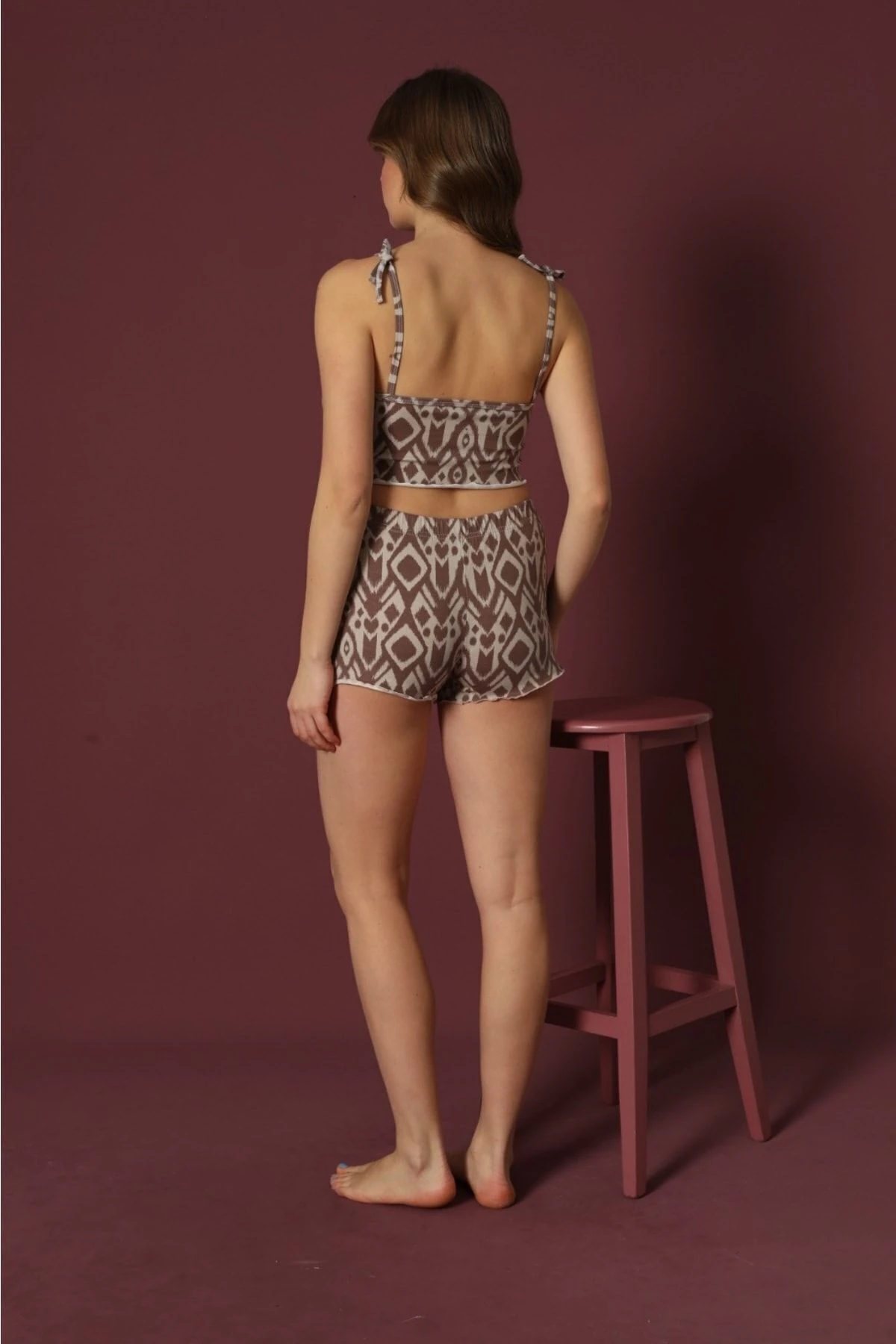 Sude Kadın Ip Askılı Fırfırlı Şort Desenli Kahverengi Pijama Takımı