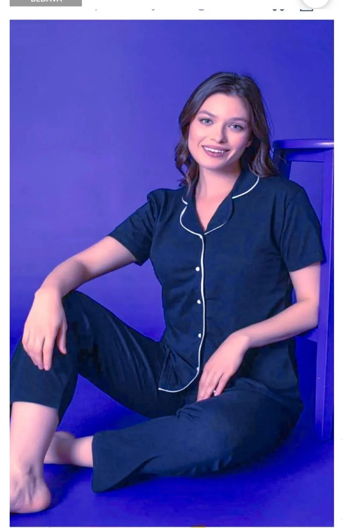 Kadın Kısa Kol Lacivert Gömlek Pijama Takımı