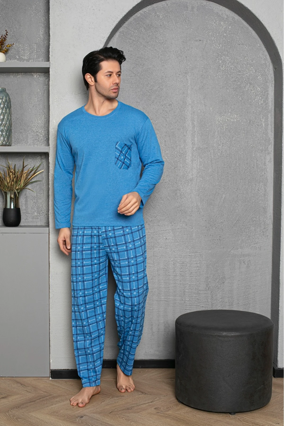 Erkek Buz Mavi Üst Cepli Alt Kareli Pijama Takımı