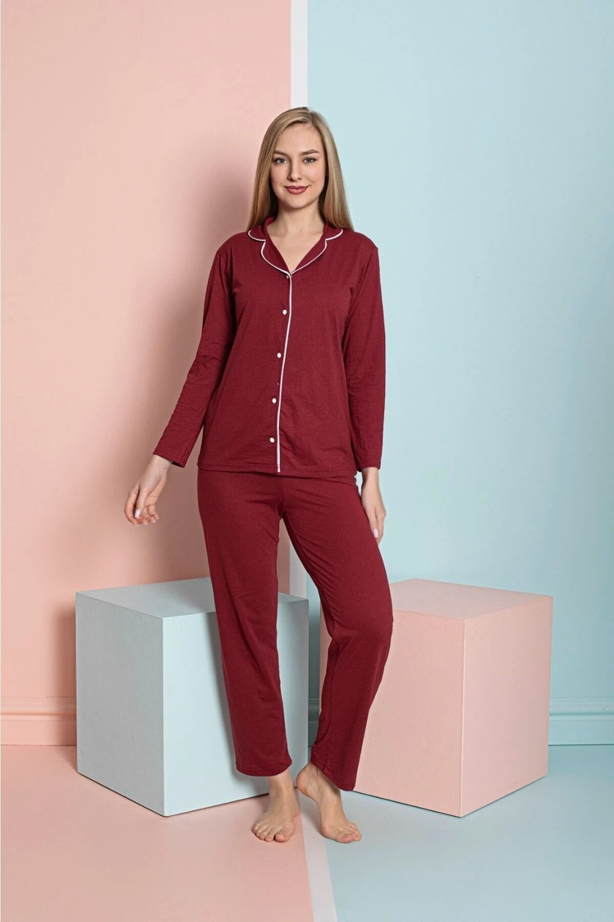  Gömlek Uzun Kol Pijama Takımı Koyu Bordo