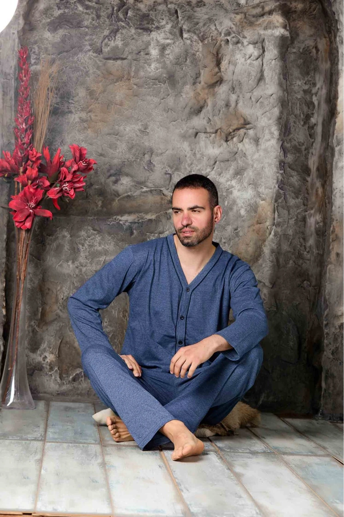 Erkek Petrol Mavisi Uzun Kollu Önden Düğmeli Süprem Kumaş Pijama Takımı