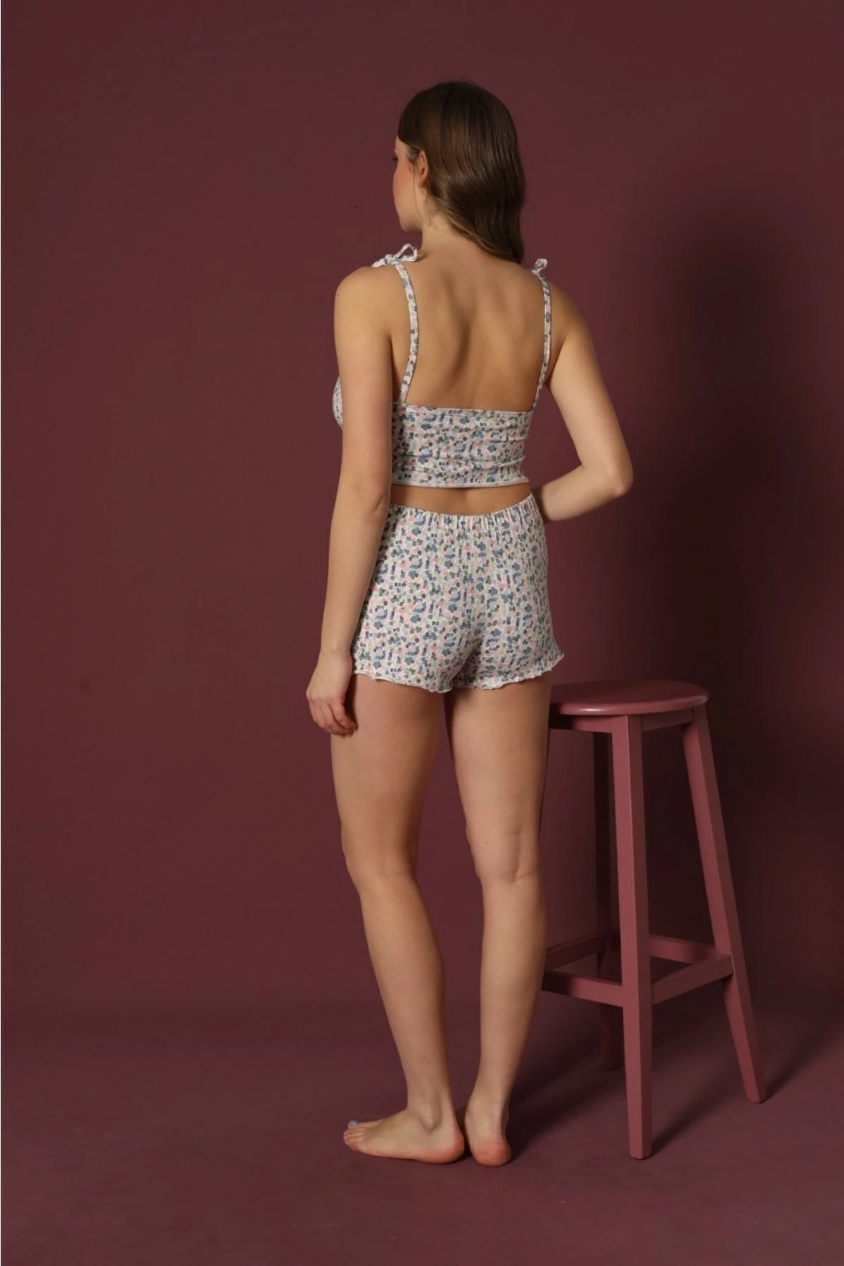 Sude Kadın İp Askılı Fırfırlı Şort Desenli Mavi Pijama Takımı