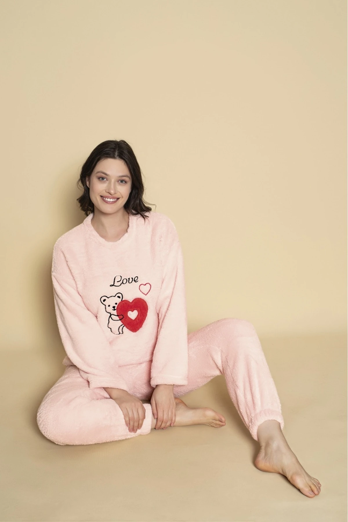 Bayan Charme Ayıcık Kalpli Desen Peluş Genç Pijama Takımı