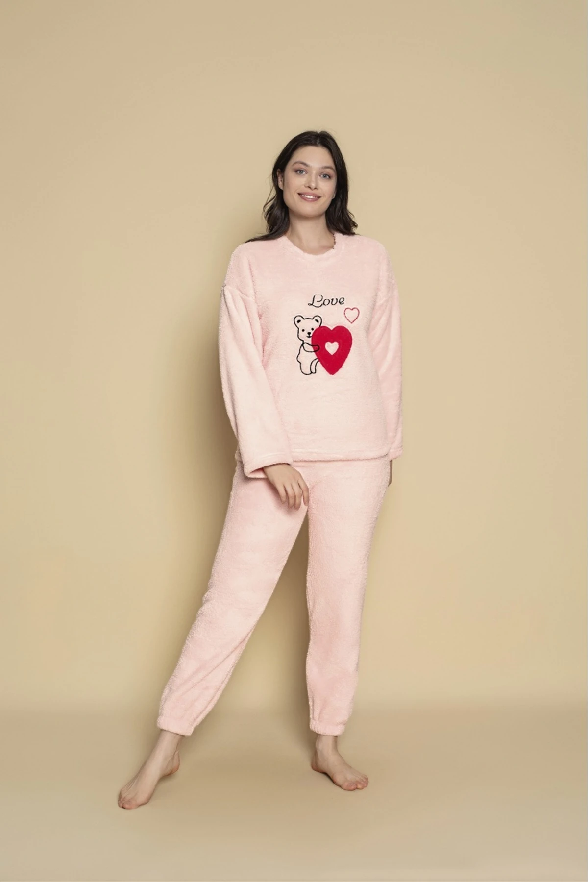 Bayan Charme Ayıcık Kalpli Desen Peluş Genç Pijama Takımı